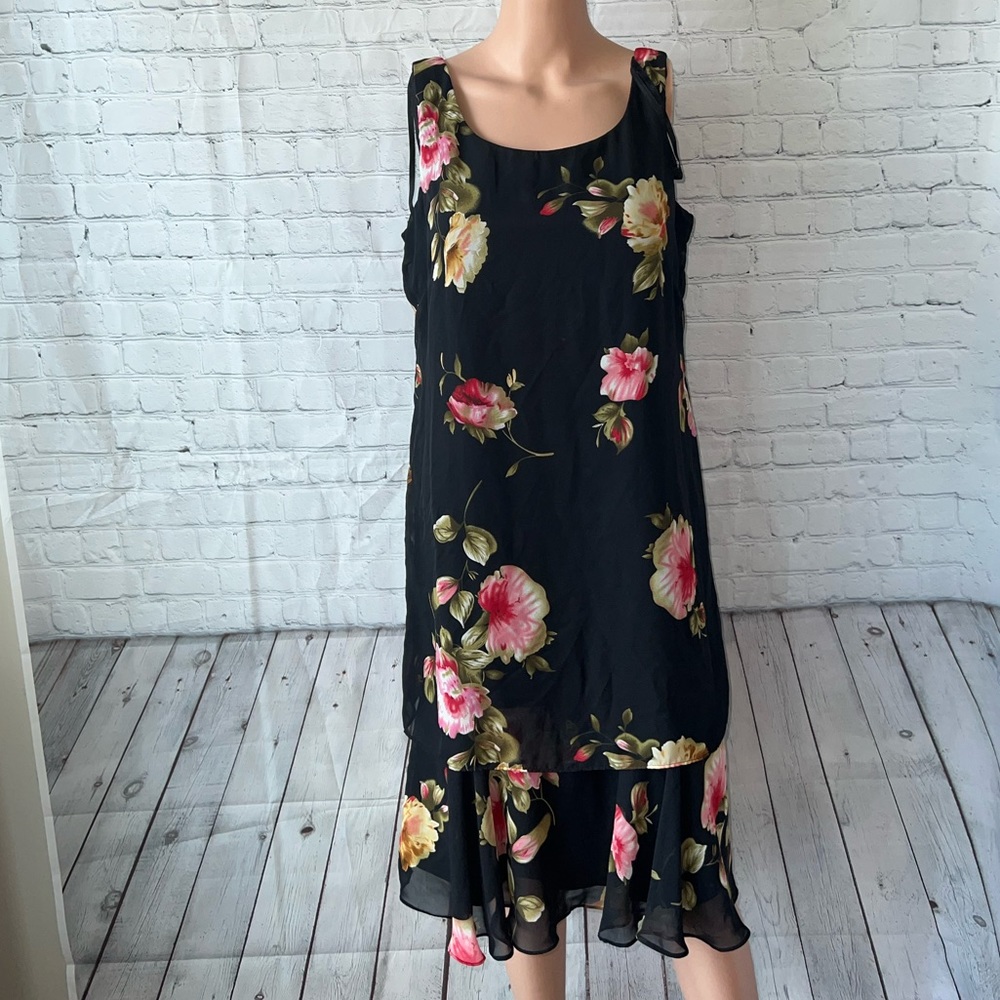 Mary McFadden Collection Black, red, yellow & green floral dress size 14